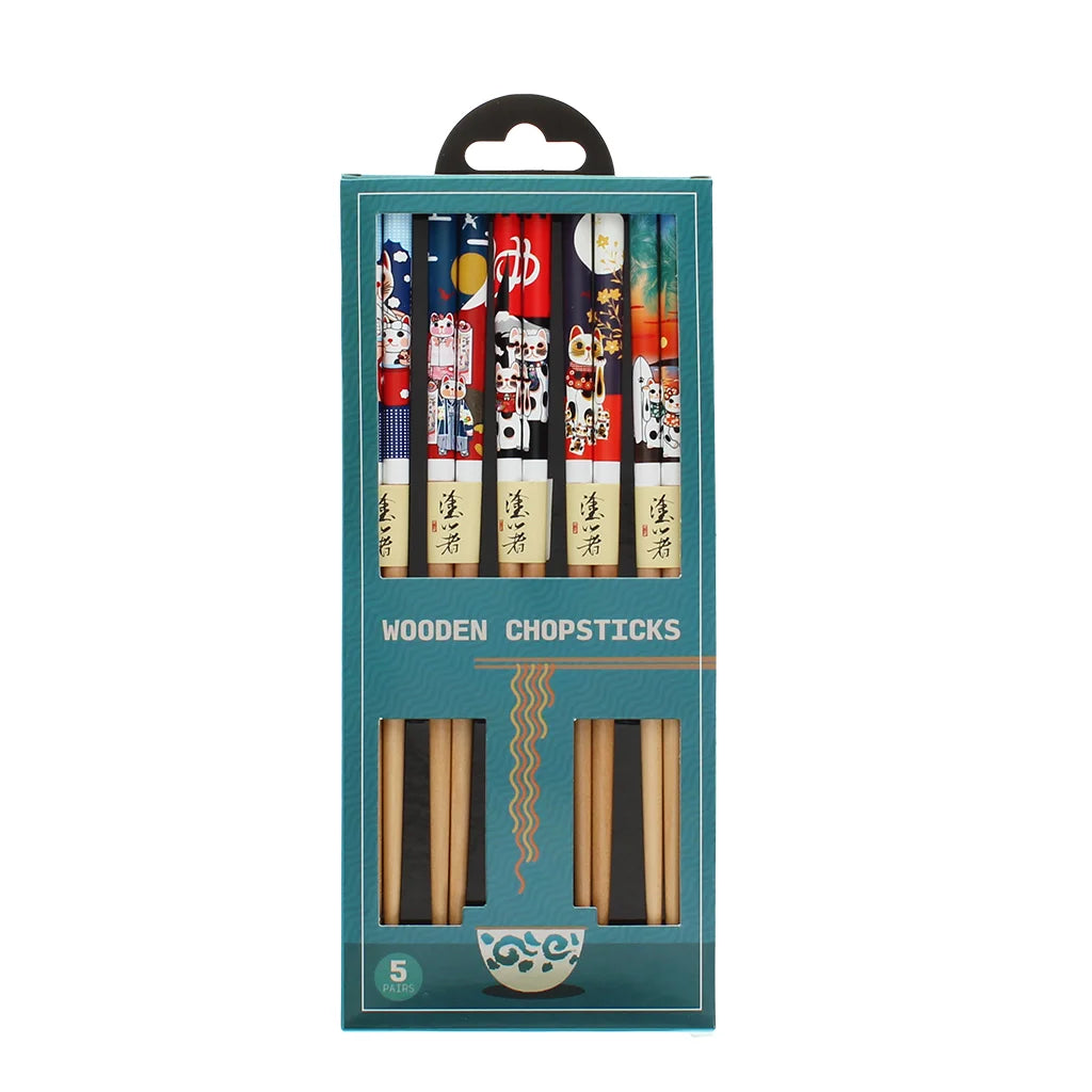 Beckoning Cats Wooden Chopsticks (Set of 5)