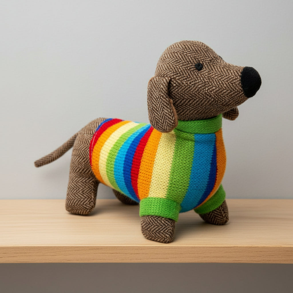 Tweed Sausage Dog Soft Toy in Bright Stripe Jumper