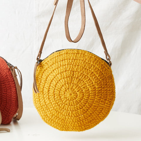 KALPA Mustard Yellow Crochet Circle Cross Body Handbag