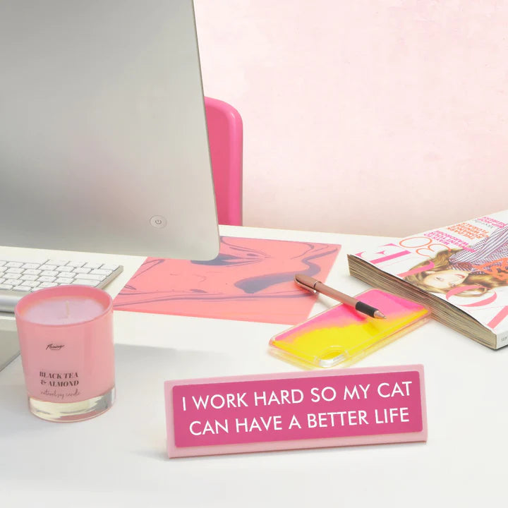 I Work Hard Cat Better Life Desk Plate
