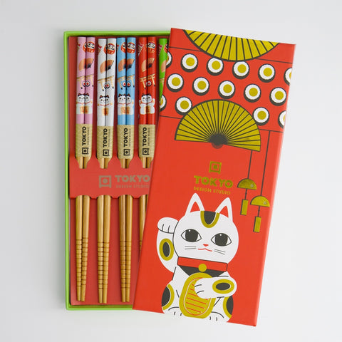 Red Lucky Cat with Fans Chopstick Gift Set (Set of 5)