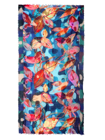 Autumn Embroidered Leaves Blue Wool Scarf by Kapre