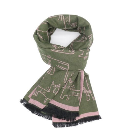 Sketched Cats Woven Scarf Olive & Pink