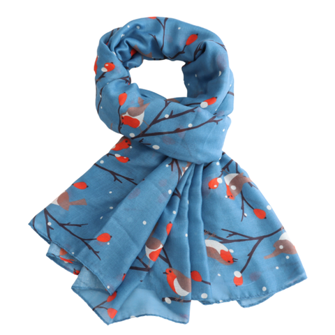 Robins on Branches Blue Scarf