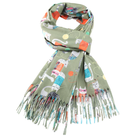 Playful Cats Illustrated Olive Green Scarf