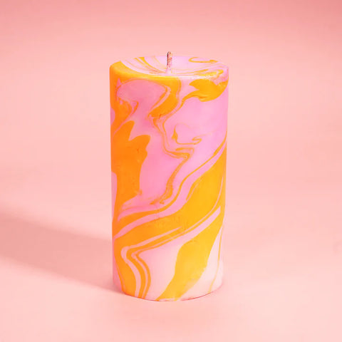 Totally Groovy Marbled Pillar Candle (Pink & Yellow)