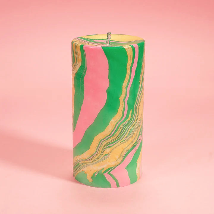 Beverly Hills Marbled Pillar Candle (Pink & Green)