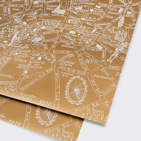 London Illustrated Map Metallic Gold Gift Wrap