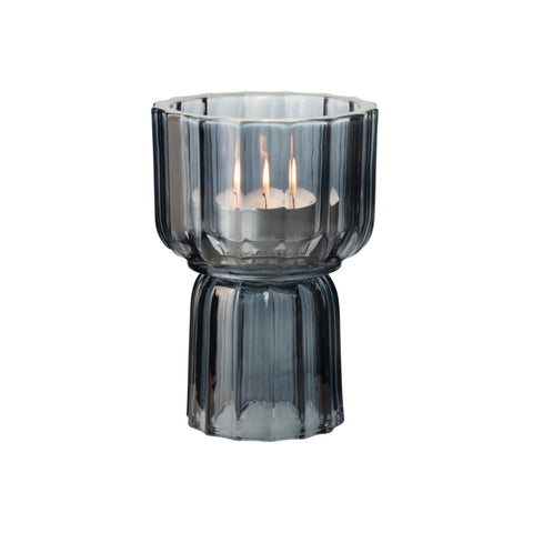 Candle Holder Blue Ribbed Glass