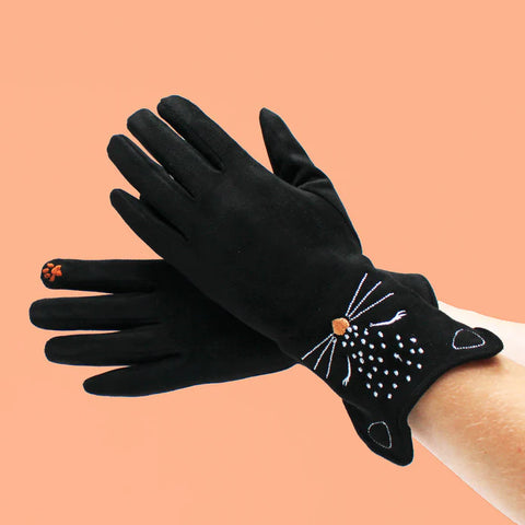 Feline Black Cat Embroidered Gloves