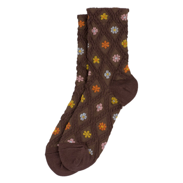 Embossed Floral Emblem Brown Socks