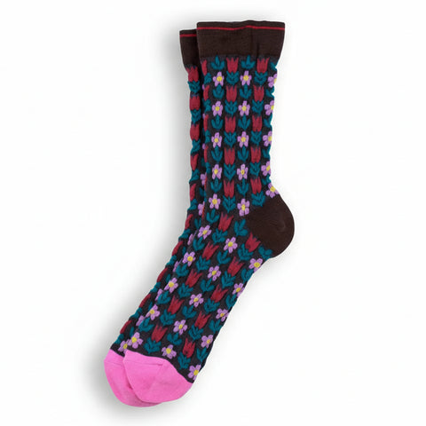 Embossed Retro Flower Red & Pink Socks