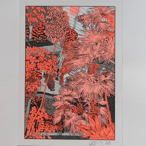 A5 Risograph Print Cat Sims orange and grey Barbican staircase