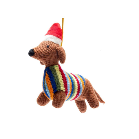 Knitted Sausage Dog in Bright Jumper Christmas Decoration