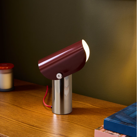 Curve Table Lamp in Chrome & Burgundy