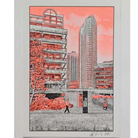 A5 Risograph Print Cat Sims orange and grey Barbican Towers