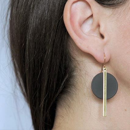 Deco black disc & brass bar earrings by brass + bold