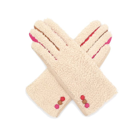 Cream Teddy Fleece Gloves with Multicolour Trim & Button Detail