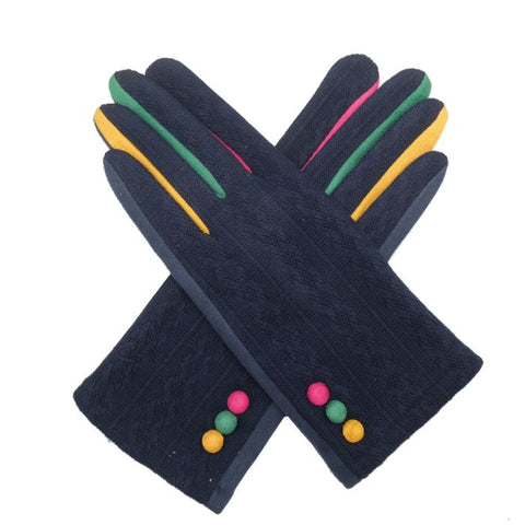 Navy Gloves with Multicolour Trim & Button Detail