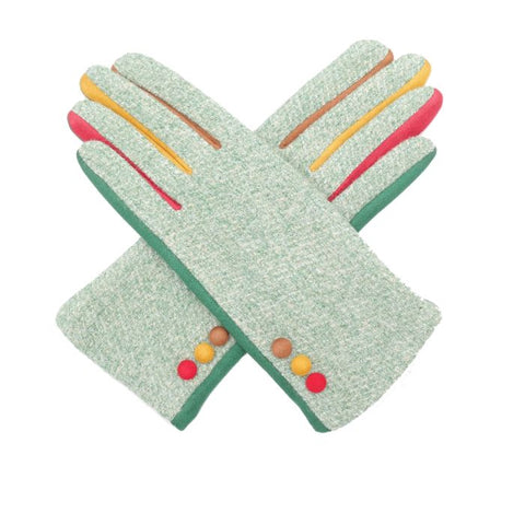 Light Green Gloves with Multicolour Trim & Button Detail