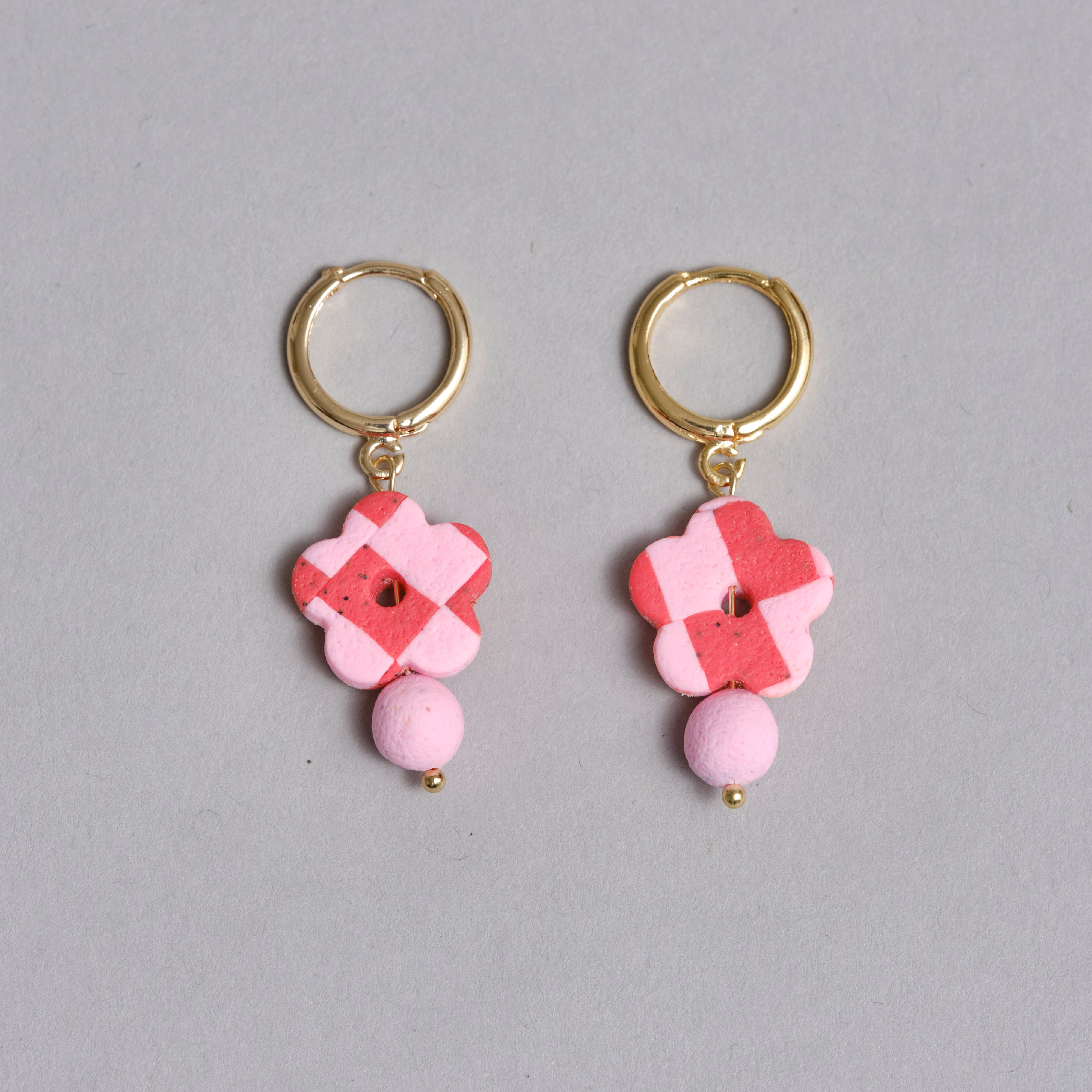 Pink & Red Checkered Flower Mini Hoops by Love Kiki