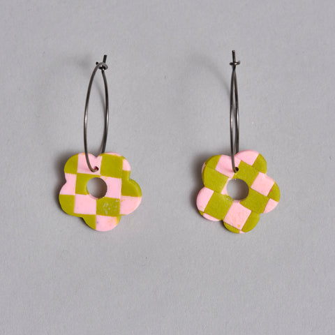 Pink and Green Checkered Flower Hoops by Love Kiki